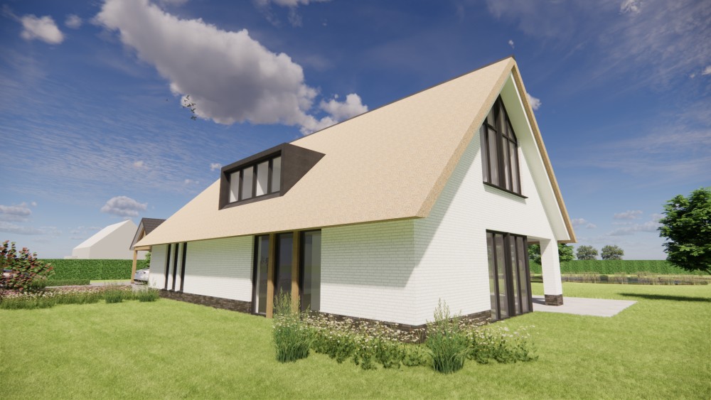 Afbeelding van Moderne L-vormige woning met rieten zadeldak en gekeimde gevels - 1c6a0366-39c2-4c5e-9de1-43f281d360f8