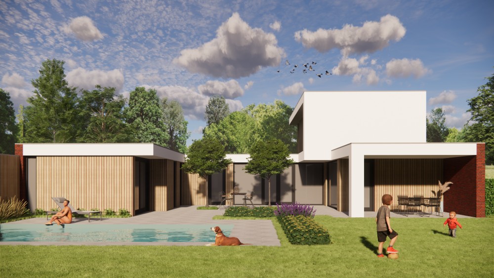 3D Render van kubistische woning met wit pleisterwerk, houtaccenten en strak vormgegeven buitenruimte 6