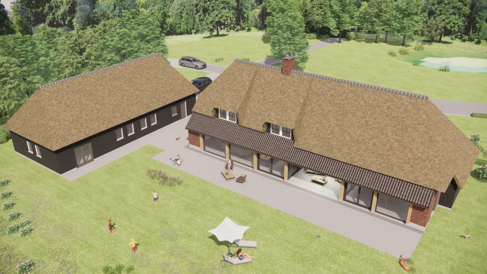 3D Render van traditionele boerderijwoning met rieten wolfsdak en gevel van hout en metselwerk 10