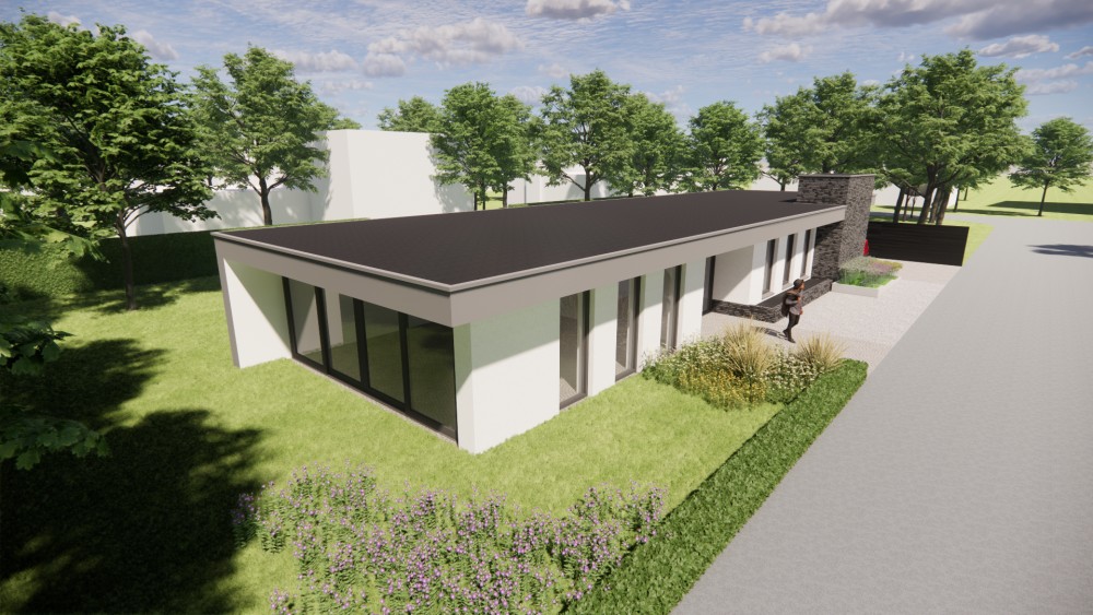 3D Render van modern vrijstaand woonhuis met plat dak en pleisterwerk 6