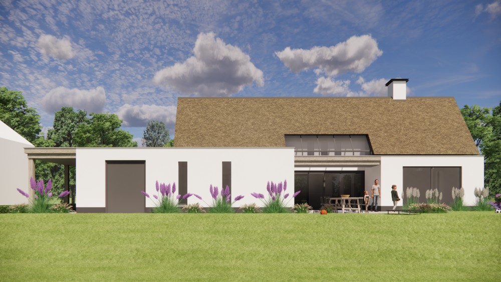 3D Render van moderne vrijstaande woning met rieten zadeldak witte pleistergevel en houtaccenten 6