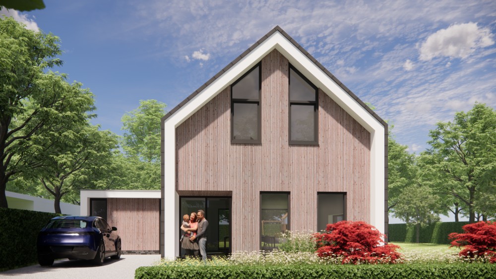 3D Render van eigentijdse schuurwoning met zadeldak bruine houten gevel en vlakke dakpannen 5