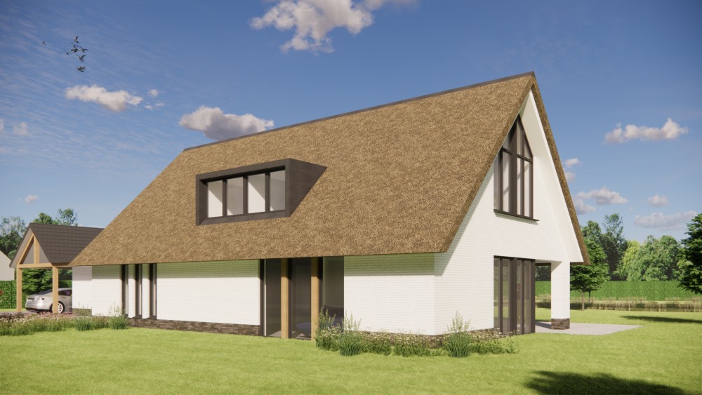 Afbeelding van Moderne L-vormige woning met rieten zadeldak en gekeimde gevels - 1c6a0366-39c2-4c5e-9de1-43f281d360f8