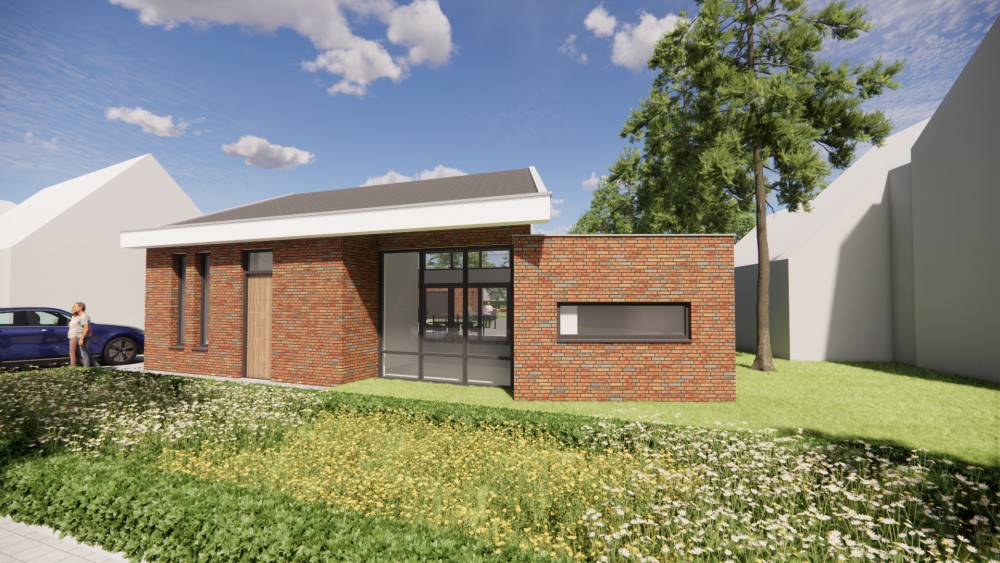 3D Render van moderne vrijstaande woning in metselwerk met lessenaarsdak met vlakke dakpannen en verholen dakgoot 4