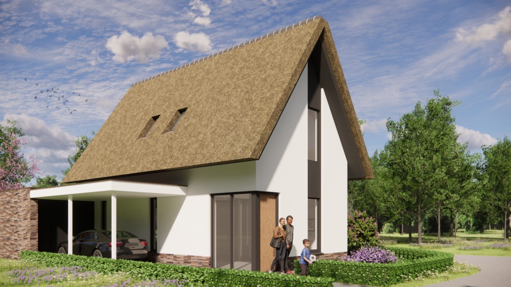 Afbeelding van Moderne woning met wit pleisterwerk en rieten kap - 4ee3bbf0-9492-46e1-a520-c20f725c98e3