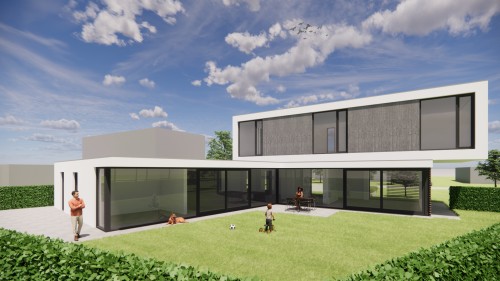 Project image Strakke kubusvormige woning met wit stucwerk en houten geveldelen - b49620ef-dcd1-4794-96dd-0a225a9bc3d4