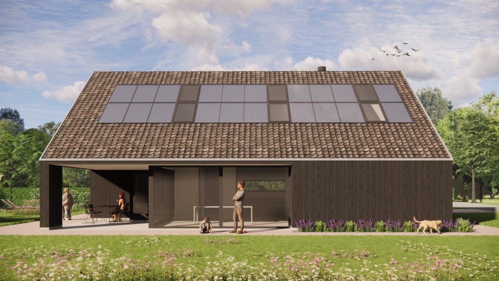 Afbeelding van Landelijke schuurwoning met houten gevel, zadeldak en buiten shutters - 1e079f83-dd9a-42cb-a0c6-dbb0fbe28447