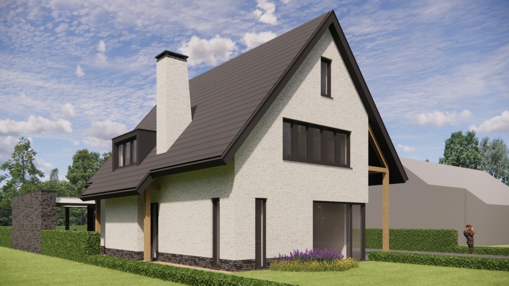 3D Render van moderne vrijstaande woning met gekeimd metselwerk en zadeldak met vlakke dakpan 4