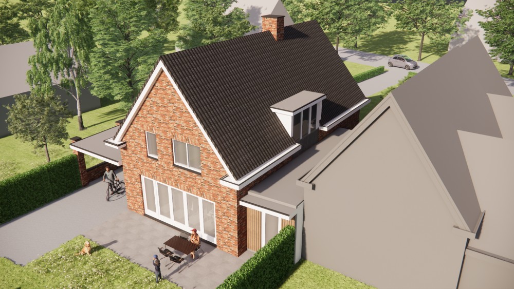 3D Render van traditionele jaren 30 woning met metselwerk gevel, dakkapel en zadeldak met dakoverstek 7