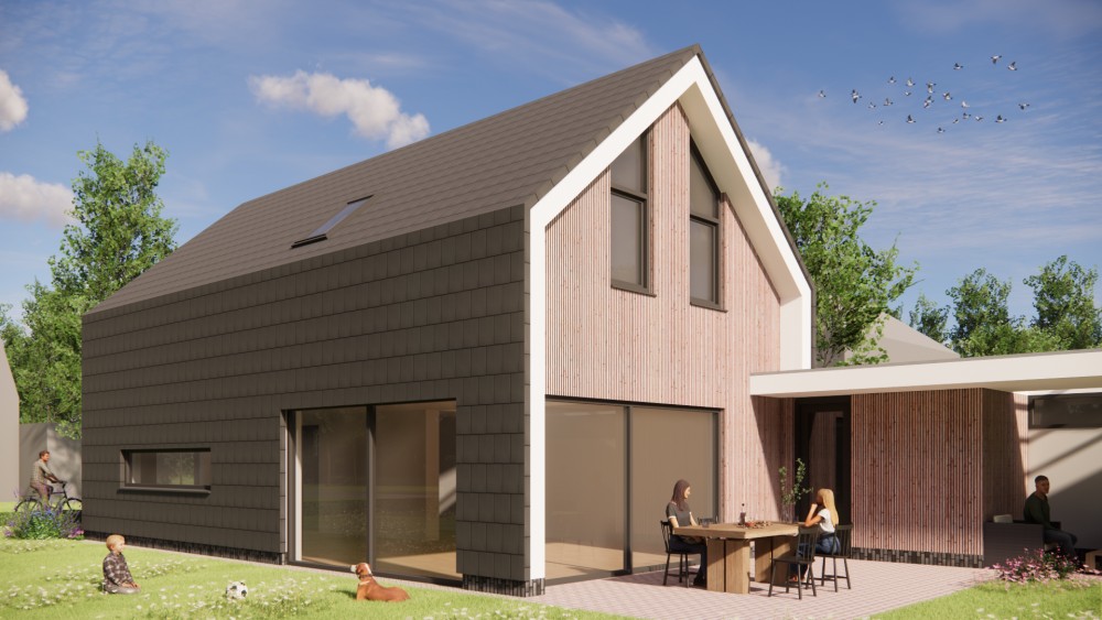 Afbeelding van Eigentijdse schuurwoning met zadeldak bruine houten gevel en vlakke dakpannen - 3af70f0b-78f3-4b19-91d0-a757810179c1