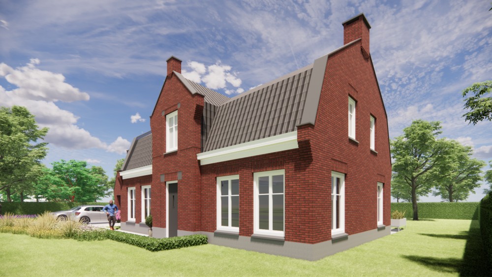 3D Render van vrijstaand woonhuis in jaren 30 stijl met metselwerkgevel en mansardedak met gegolfde dakpannen 5