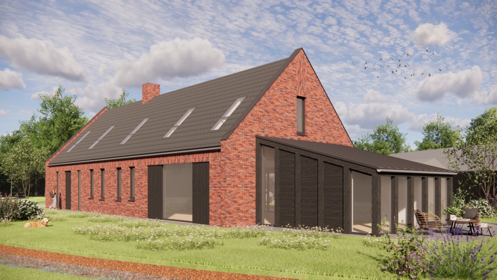 Afbeelding van Vrijstaande moderne woning in rood metselwerk met zadeldak in vlakke dakpannen en houtaccenten - 2dcdd97b-d875-4856-a286-8035b7316a19