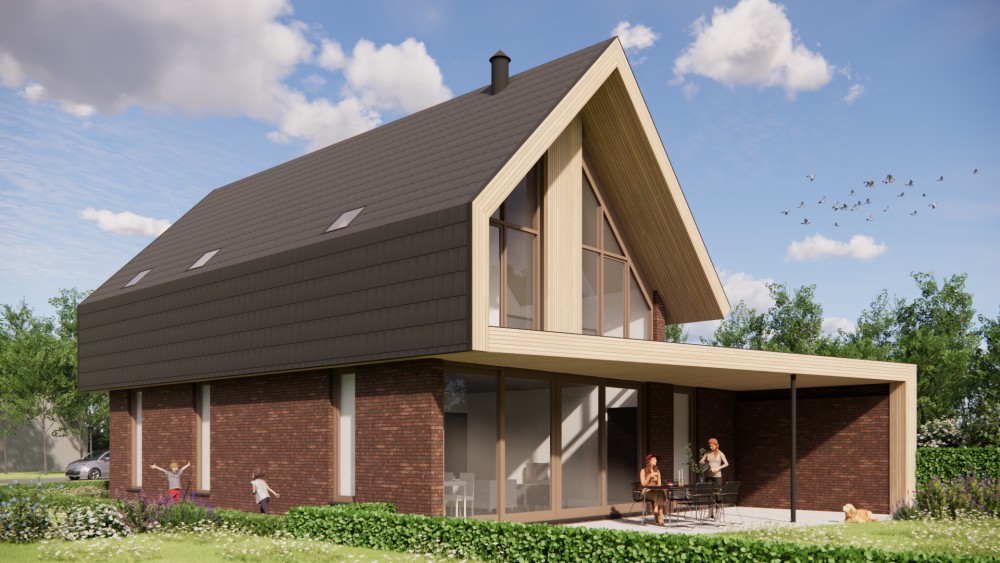 Afbeelding van Moderne woning met houten gevelaccenten, vlakke dakpannen en overdekte entree - 784963db-b7d8-4151-81d0-24323e50d384