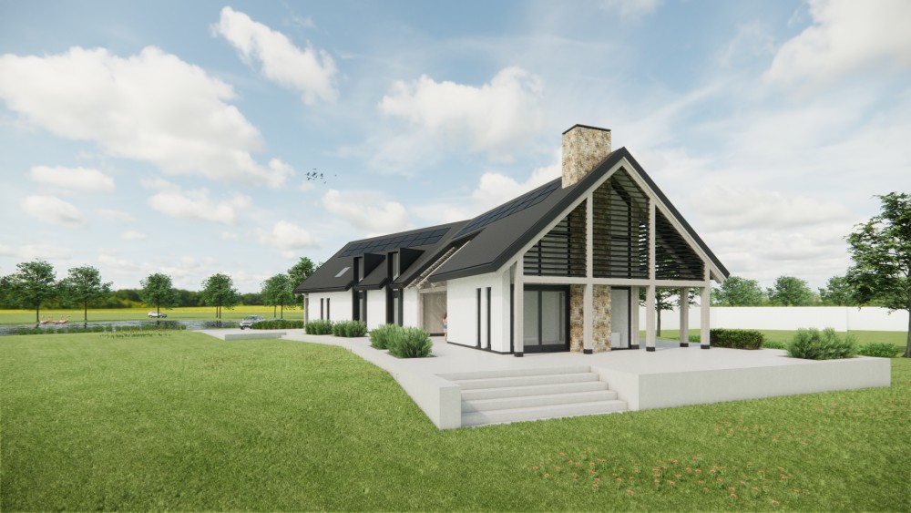 3D Render van landelijke villa met zadeldak, pleisterwerk gevels en houten accenten 2