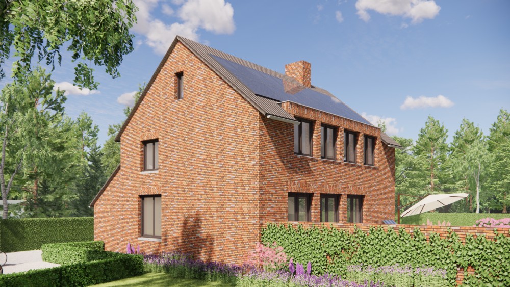 3D Render van woning met zadeldak in gegolfde dakpannen en roodbruin metselwerk met dakkapel 5