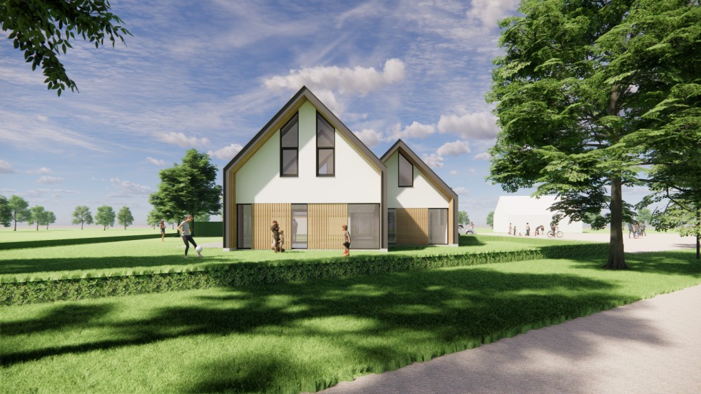 3D Render van moderne schuurwoning met pleisterwerk en een in de gevel doorlopend golfplaten dak 6