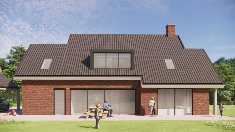 3D Render van landelijk-modern woonhuis met metselwerk, houten balken en gegolfd zadeldak 6