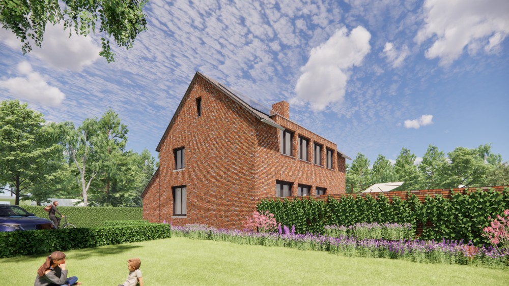 3D Render van woning met zadeldak in gegolfde dakpannen en roodbruin metselwerk met dakkapel 6