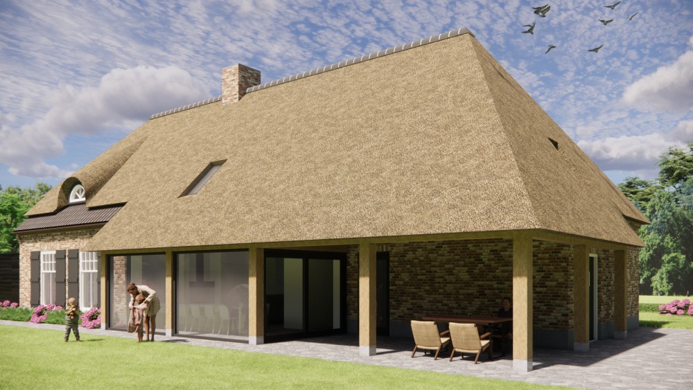 3D Render van vrijstaande boerderij met beige metselwerk, dakkapel en luiken 7