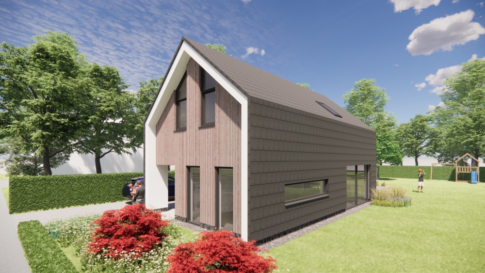 3D Render van eigentijdse schuurwoning met zadeldak bruine houten gevel en vlakke dakpannen 6