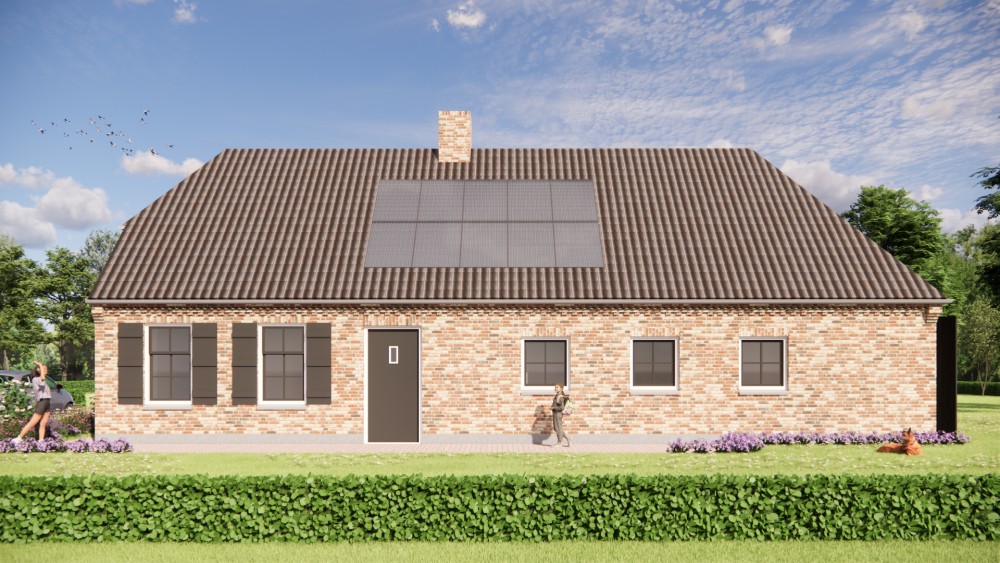3D Render van boerderijwoning met wolfsdak, gegolfde dakpannen en houten accenten 6