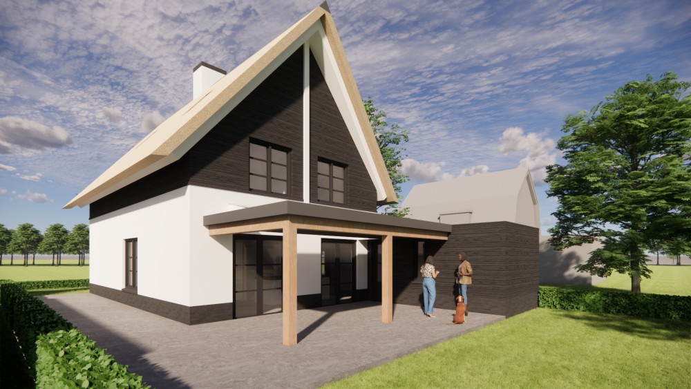 Afbeelding van Rietgedekt landhuis met wit pleisterwerk en houten accenten - 1ee08922-5d19-49ba-820d-d1f67b1f66e2