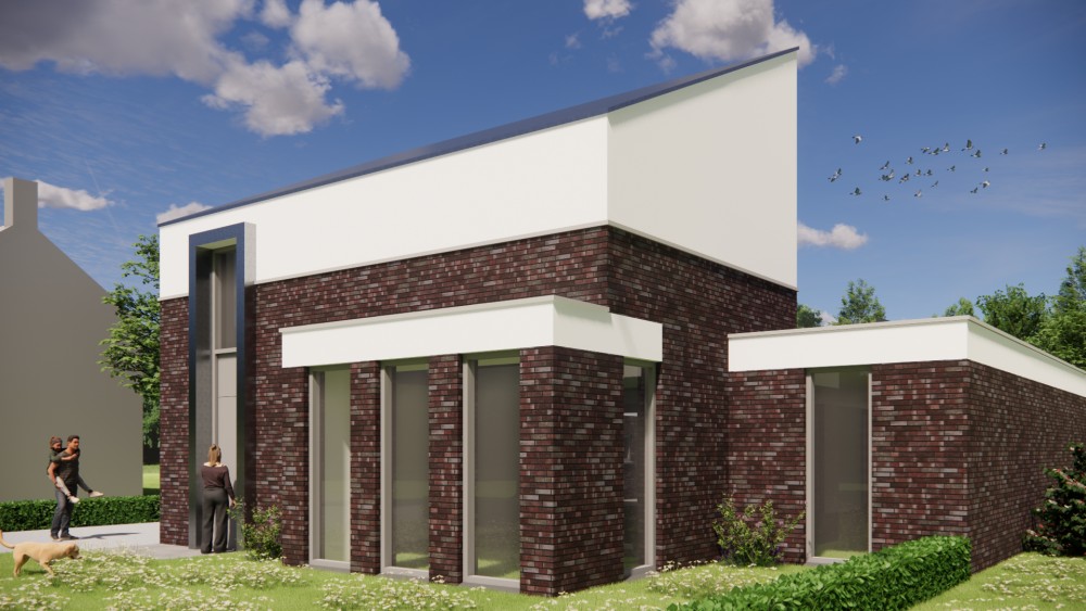 Afbeelding van Moderne woning met donkerrode baksteen, wit pleisterwerk en lessenaarsdak - 1210b361-a440-47e6-9dce-f19dd6288e2a