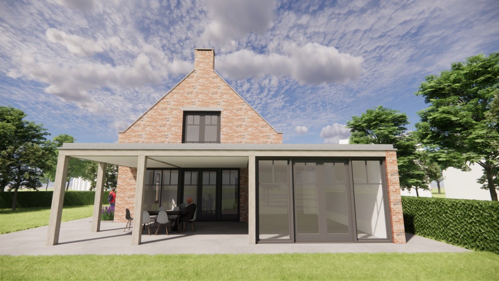 3D Render van vrijstaande Kempische woning in metselwerk met zadeldak en gegolfde dakpannen 6