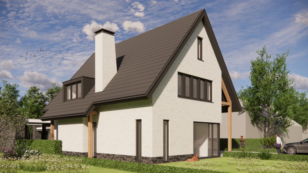 Afbeelding van Moderne vrijstaande woning met gekeimd metselwerk en zadeldak met vlakke dakpan - 68e30eed-b98f-445e-a02e-211ac03f5733