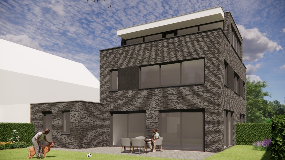 Afbeelding van Kubistische vrijstaande woning met zwart en grijs metselwerk, plat dak en dak overstek - 52407259-b14d-482a-aa95-198bdb6f2177