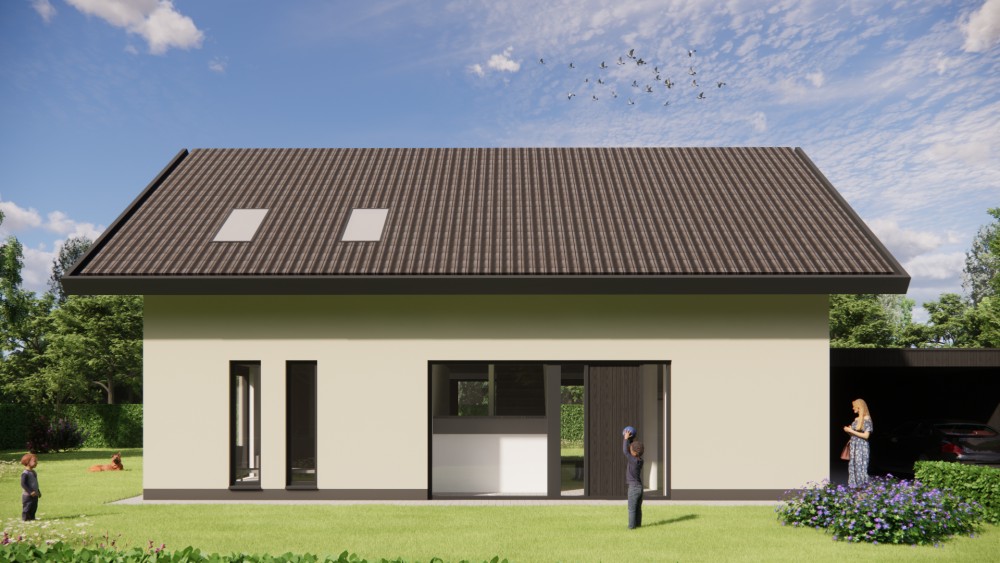 3D Render van strakke moderne woning met pleisterwerk gevels, hoekkozijnen en houten accenten 6