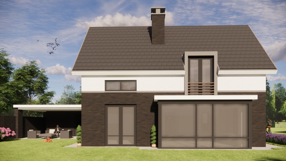 3D Render van vrijstaande eigentijdse woning met metselwerkgevel en zadeldak met vlakke dakpannen 5