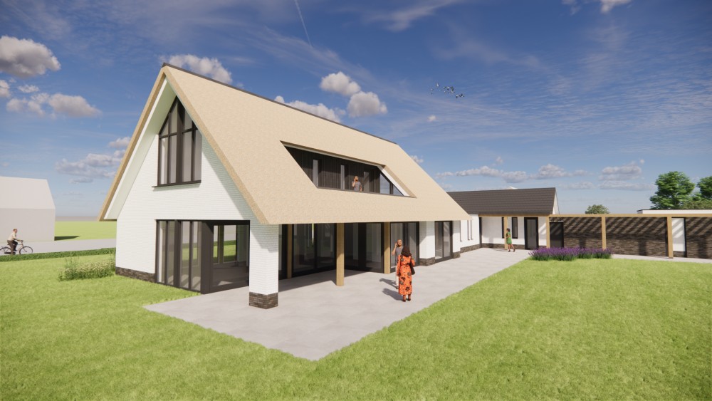 Afbeelding van Moderne L-vormige woning met rieten zadeldak en gekeimde gevels - 1c6a0366-39c2-4c5e-9de1-43f281d360f8