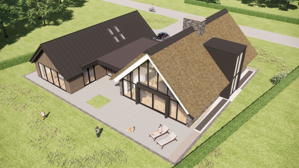 3D Render van landelijke villa met rieten zadeldak, houten accenten en risaliet 8