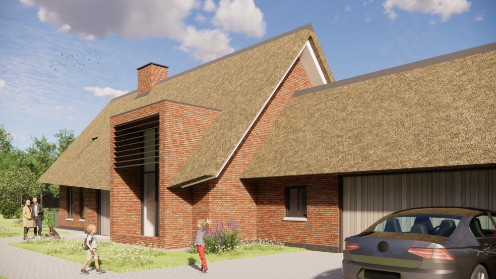 Afbeelding van Moderne woning met sprekende risaliet, rieten zadeldak en metselwerk - 978cf041-1295-45dc-9bce-2a99b93e99fd