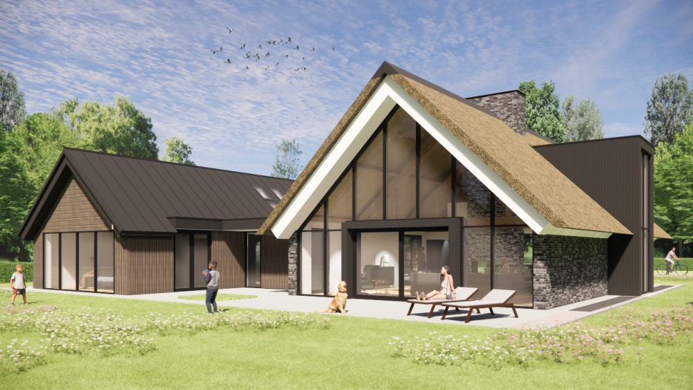 Afbeelding van Landelijke villa met rieten zadeldak, houten accenten en risaliet - d20b0f2e-f24d-4807-a115-c8754327baa2