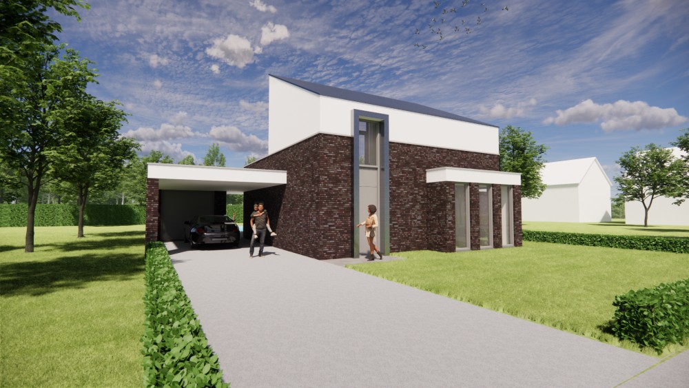 Afbeelding van Moderne woning met donkerrode baksteen, wit pleisterwerk en lessenaarsdak - 1210b361-a440-47e6-9dce-f19dd6288e2a