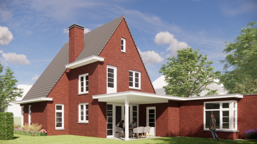 Afbeelding van Vrijstaande woning in jaren 30 stijl met metselwerk gevels en zadeldak met gegolfde dakpannen - 159898f0-407b-45c1-87cf-aea4d3c12a6e