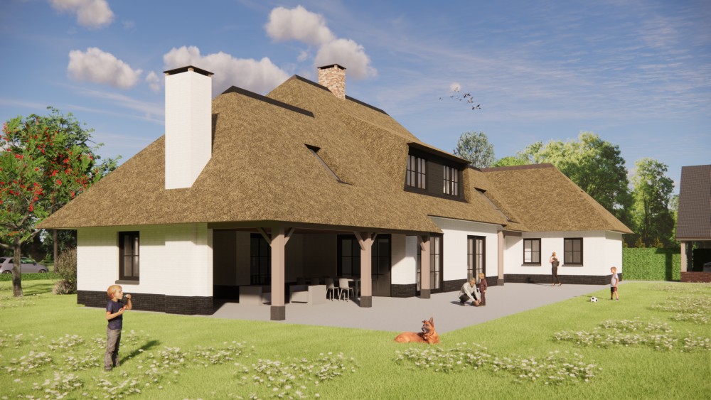 Afbeelding van Landelijke villa met rieten schilddak, houten luiken en wit pleisterwerk - 15aedf17-1f58-437f-b78c-51e36614e369