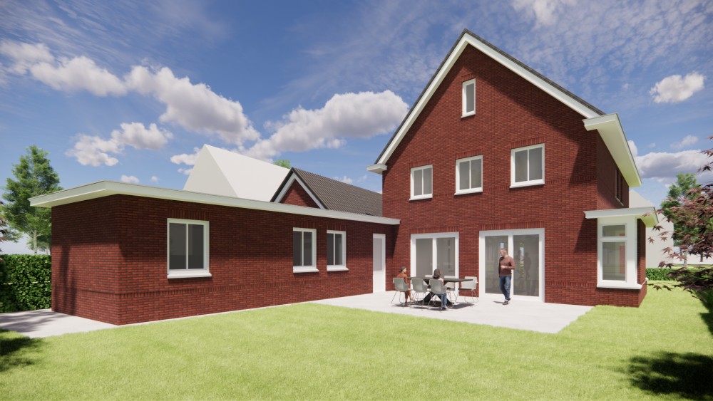 3D Render van jaren 30 woning met erker, betimmerde goot en gegolfde dakpannen 3