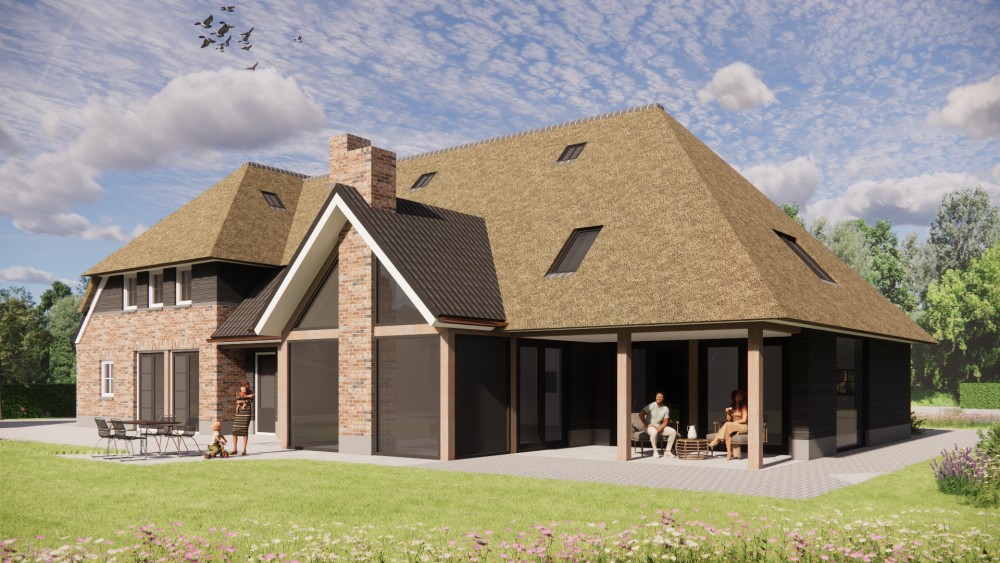 3D Render van landelijke tweekapper met rieten schilddak en houten geveldelen 4