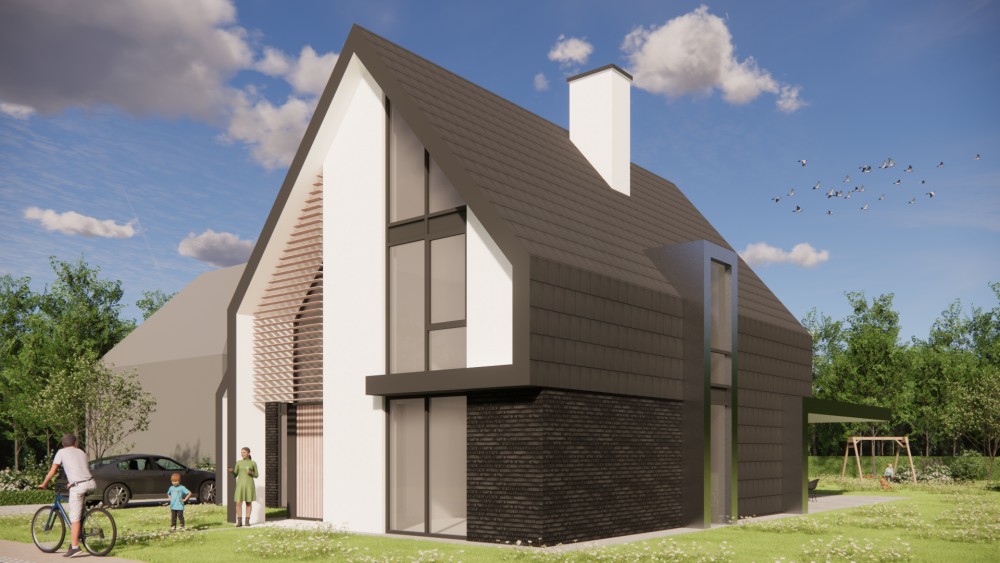 Afbeelding van Eigentijdse villa met metselwerk gevels en zadeldak met vlakke dakpannen - d9a75ce2-f9a5-4846-8d83-df7a2fbed7ab
