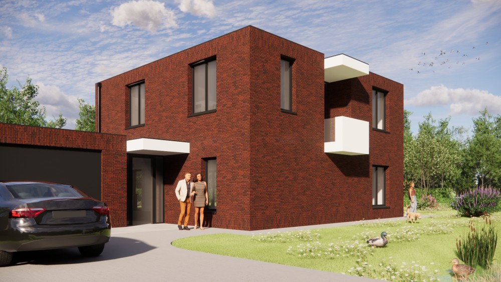 Afbeelding van Kubistische woning van donkerrood metselwerk met hoekkozijn en balkon - 5de84e53-b196-4dd2-b743-cf7ec4333a4b