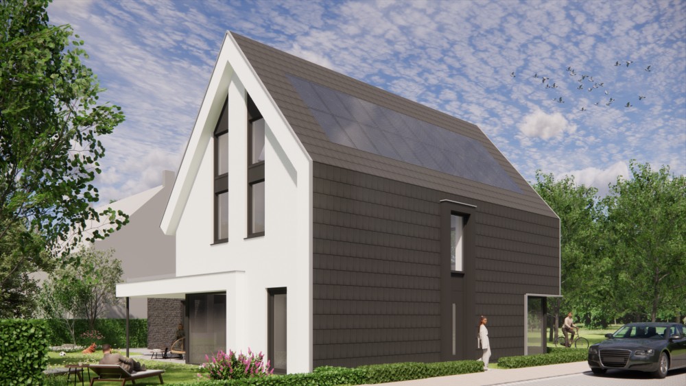 Afbeelding van Witgepleisterde moderne woning met vlakke dakpannen en royale dakoverstekken - 320dc6f6-3b98-47cc-b1a6-2901bcad00aa
