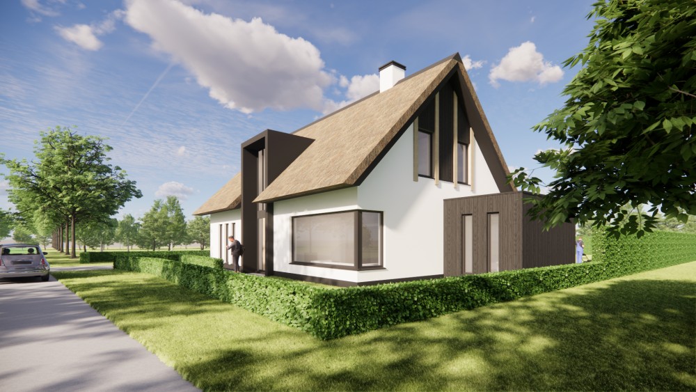 Afbeelding van Landelijke woning met rieten kap, witte gevels en houten accenten - c847914a-39ce-450e-b06d-a67b8bea3210