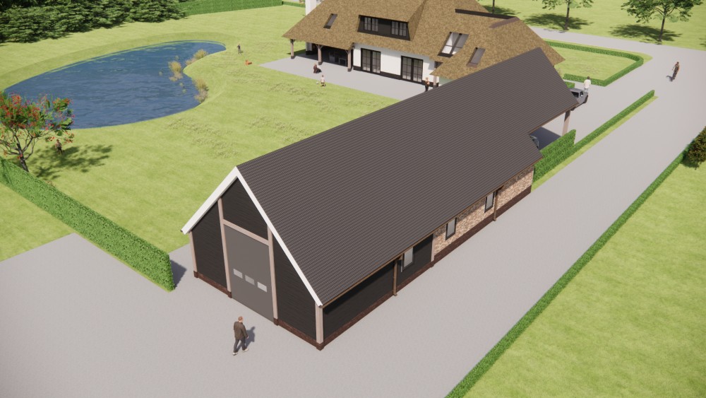3D Render van landelijke villa met rieten schilddak, houten luiken en wit pleisterwerk 8