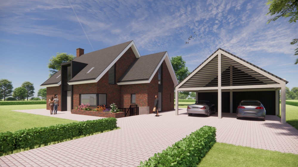 Afbeelding van Landelijk-modern woonhuis met metselwerk, houten balken en gegolfd zadeldak - 756b93cf-261c-4393-81d6-1893cc04da01