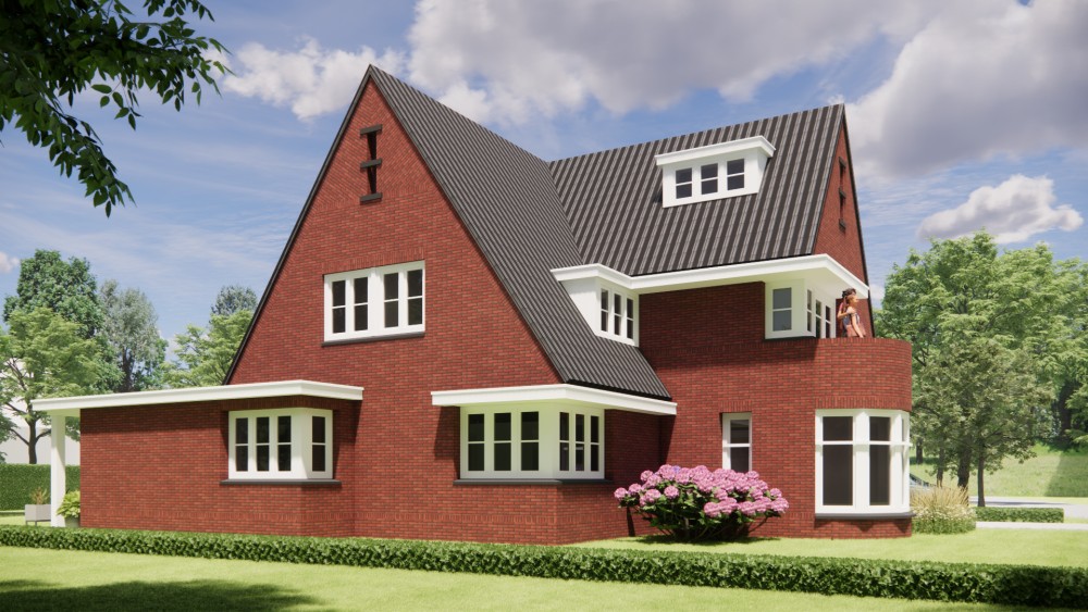 3D Render van vrijstaande jaren 30 woning in metselwerk met zadeldak en gegolfde dakpannen 6