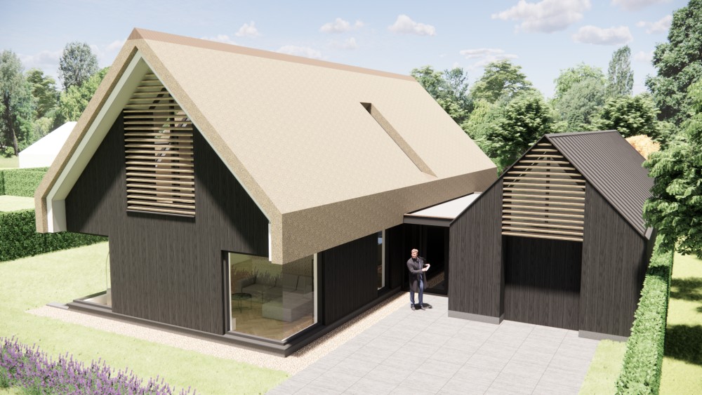 3D Render van moderne zwarte houten schuurwoning met zadeldak 5
