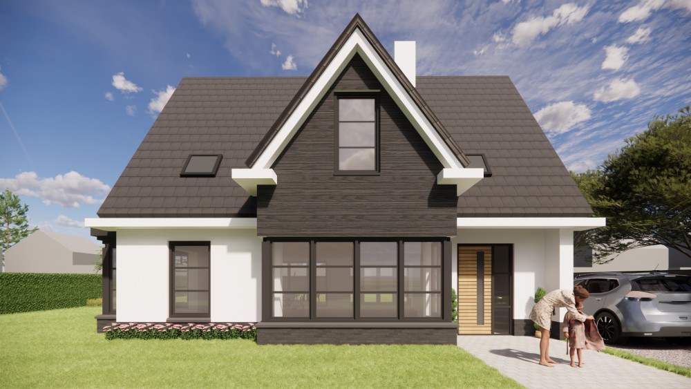 3D Render van eigentijdse vrijstaande woning met wit gekeimd metselwerk en zadeldak met gegolfde dakpannen 7